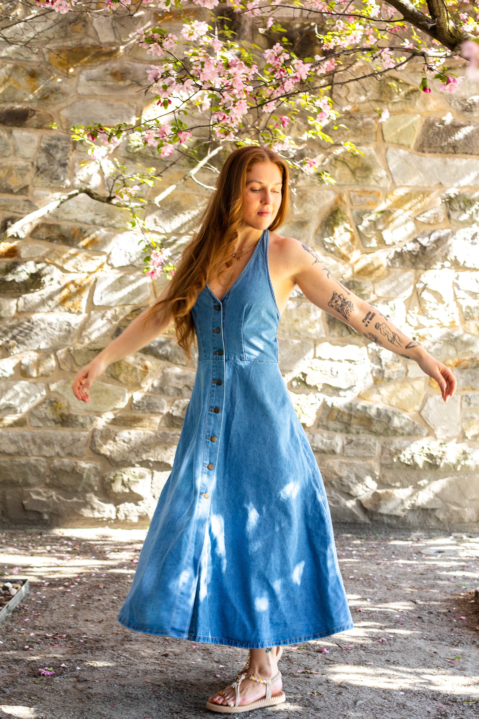 denim halter dress maxi Renita Halterneck Button Maxi Dress Denim Blue